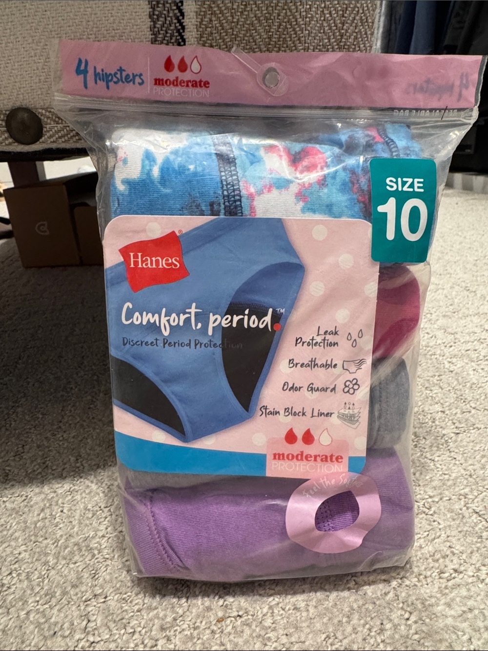 Hanes Comfort Period Hipsters Underwear Blue, Purple, Gray, Pink Girls’ Size 10